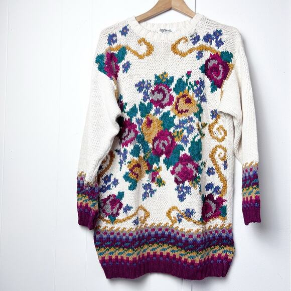 Vintage Cream Floral Oversized Tunic Pullover Sweater Women’s Size Medium - Picture 1 of 10